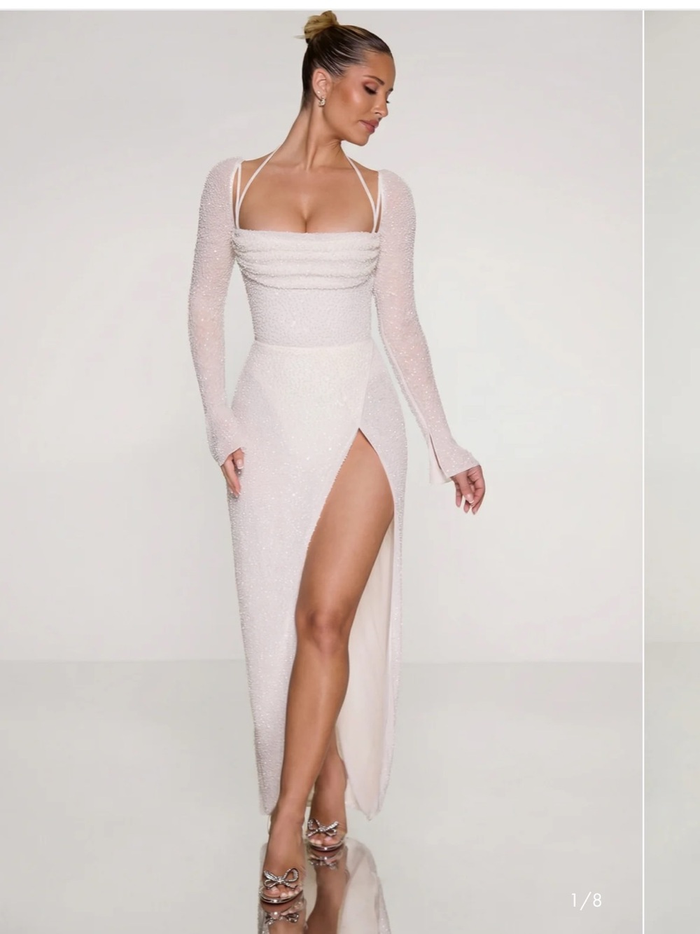 Oh Polly Embellished Cow Neck Pearl Maxi Dress